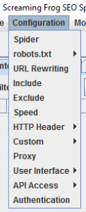 Screaming Frog configuration tab